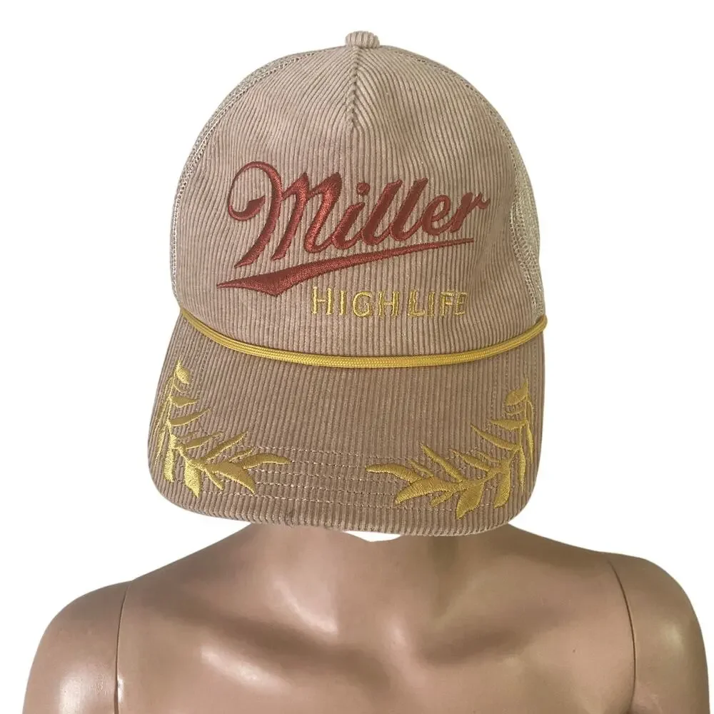 Miller High Life Trucker Hat Tan Corduroy Mesh Snapback Beer Cap One Size OSFM